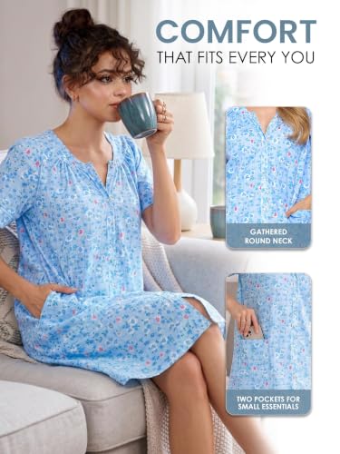 Image of Casual Nights Women's Snap - Front House Dress Short Sleeve Woven Housecoat Duster Lounger Robe with Pockets