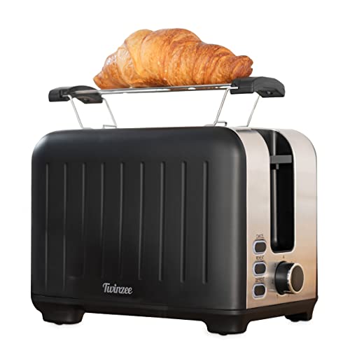 Twinzee - Toaster 3-in-1 – Mattschwarz aus Edelstahl – 2 breite Schlitze – Toaster Retro – Zange aus Bambus – 7…
