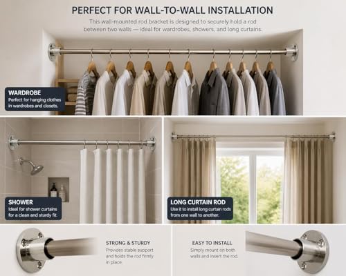 Image of Stainless Steel Wall to Wall Bracket, 30mm, Pack of 8 | Curtain and Wardrobe Rod, Rust-Resistant, Strong Hold
