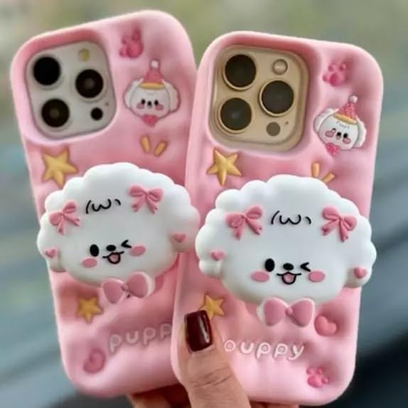 Image of COVERLY for iPhone 12 Pro 3D Puppy Knot Cartoon Pop Case,Premium Silicone Case Dog Love Pastel Pink Color with Phone Holder Cool Full Protective Cute Kawaii Aesthetic Cover for Apple iPhone 12 Pro