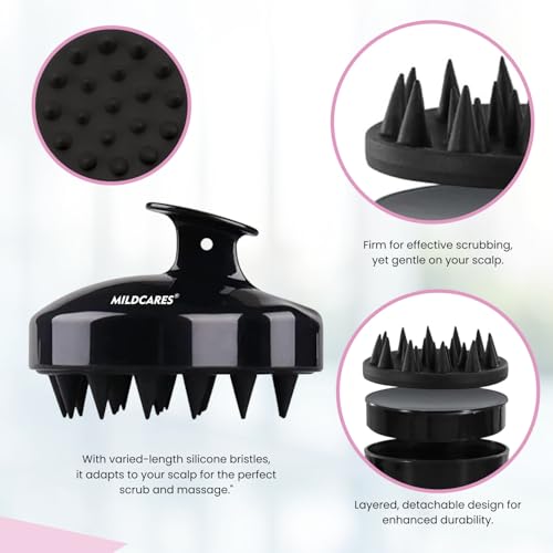 Image of MildCares Scalp Massager Brush - Silicone Scalp Exfoliator & Anti‑Dandruff Scrubber | Head Massager for Hair Growth, Shampoo Applicator & Oil Massage | Waterproof, Non‑Slip Grip | For Men & Women (Black, Pack of 1)