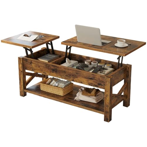 Rolanstar Coffee Table, 47.2″ Lift Top Coffee Table with Hidden Compartment, 2 Way Lift Top Coffee Table with Open Shelf & X Wooded Support, Farmhouse Center Table for Living Room, Rustic Brown