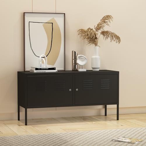 [en.casa] Mueble de salón con 2 Puertas con Cerradura Mueble de TV con 2 Estantes Ajustables en Altura Aparador Oficina Salón Acero 118x40x60 cm - Negro Mate