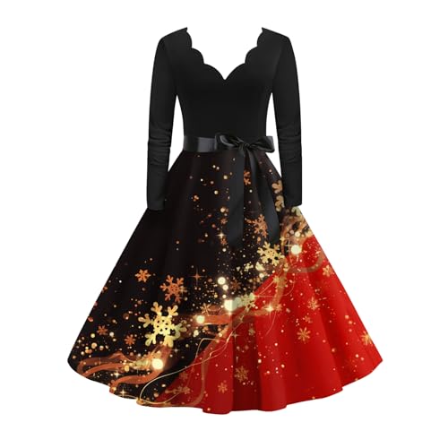 Weihnachtskleid Damen Weihnachtskleider Kleid Weihnachten Langarm V-Ausschnitt Vintage Swing Partykleid Elegant Cocktailkleid Christmas Cosplay...