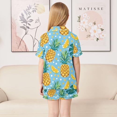 ALAZA Tropical Palm Leaves Pineapple Blue Pajamas Satin Pajama Set Short Sleeve Button Down Sleepwear4