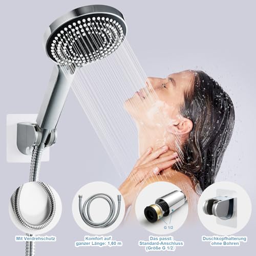 OFFO Duschkopf und Handbrause mit Schlauch und Halterung, großer Wassersparstrahl, verchromt
