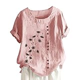 Short Sleeve Casual Shirts for Women Flower Print Button Crew Neck Cotton Linen Top 2023 Fashion Office Work Blouse
