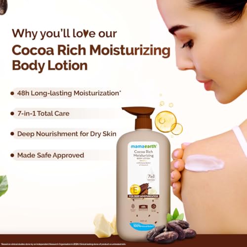 Image of Mamaearth Cocoa Rich Moisturizing Body Lotion with Cocoa Butter & VitaminE for Deep 48H Moisturization 600ml For Very Dry Skin | 7in1 Total Care Benefits | 100% Natural Butter | Non-Greasy Smooth Skin
