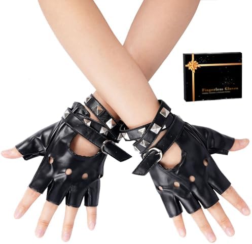 Black Leather Fingerless Gloves for Women Teens, Halloween Costume Accessories Belt Up Half Finger Gloves