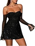 Parthea Women’s Sexy Dress Sequin Sparkly Glitter Dress Off Shoulder Long Sleeve Party Club Going Out Mini Dresses Black