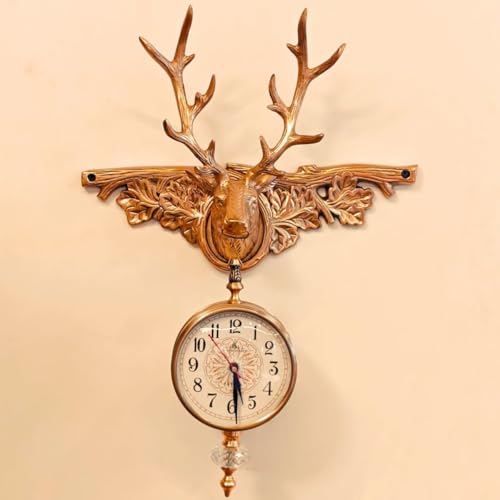 Image of Vintage Deer Head Wall Clock with Antler Design, Antique Brass Finish, Decorative Hanging Clock, Rustic Woodland Theme (Golden)