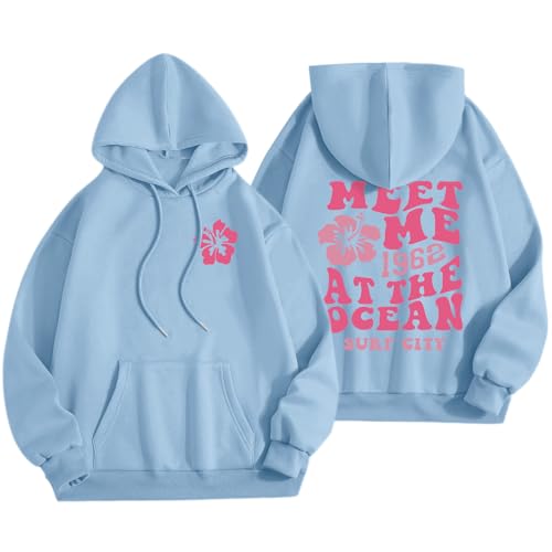 Lubpow Cute Pink Flower Hoodie for Woman Preppy Sweatshirts Trendy Puff Print Letter Graphic Hoodies Casual Pullover Tops(Blue M)