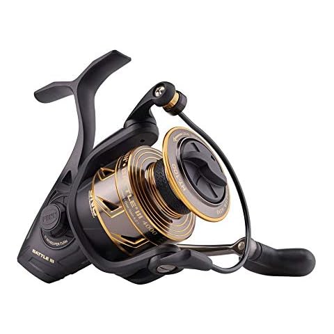 PENN Battle III Spinning Inshore Fishing Reel, HT-100 Front Drag, max of 15lb | 6.8kg, Made with Sturdy All-Aluminum Composition for Durability, 4000, black gold Cover