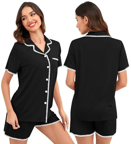 Image of SWOMOG Womens Button Down Pajamas Set Short Sleeve Sleepwear Bride Soft Pj Lounge Sets XS-3XL