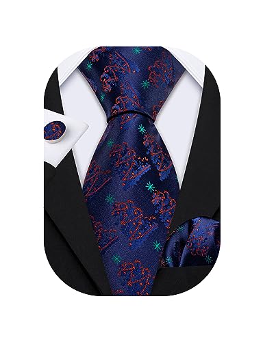 Barry.Wang Fashion Man Tie Set Silk Christmas Necktie Xmas Top star Hanky Cufflink Christmas Trees Woven Party Festival Ceremony