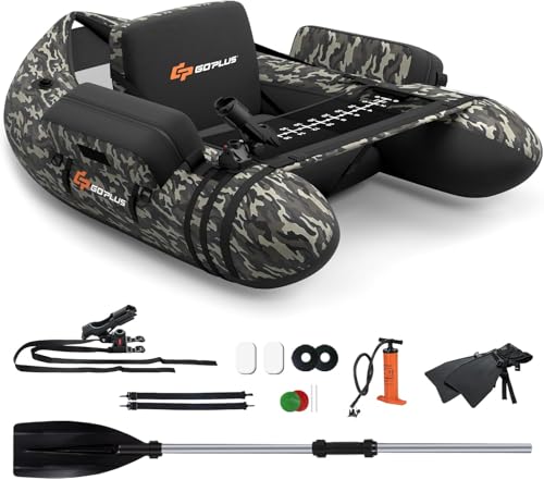 FANTASK Aufbelasbares Schlauchboot, Fischerboot mit Pumpe, Paddel, Gurte, Bellyboat Paddelboot für Erwachsene, 150 kg Belastbar, 135 x 109 x 54cm (Tarnung)