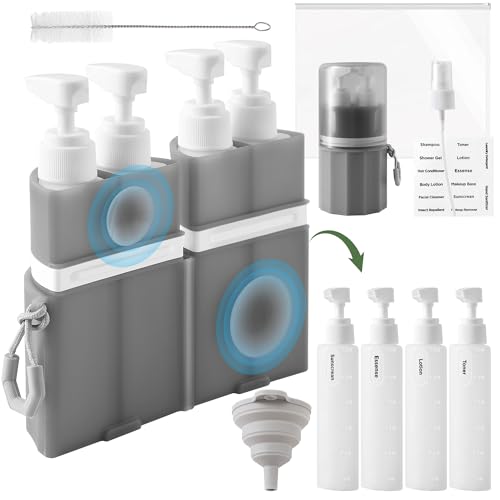 4-in-1 Travel Bottles for Toiletries, TSA Approved Travel Size Toiletries, Leak Proof Refillable Travel Size Shampoo and Conditioner Sets with Wall-Mountable Suction Cup, Gray
