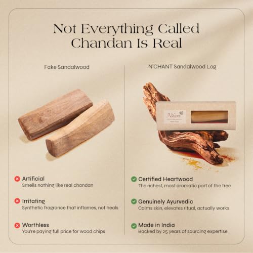 Image of N'CHANT 100% Pure Mysore Sandalwood Log for Face & Skin Care | Original Chandan Stick, Lab Tested | Cooling Ayurvedic Face Pack for Glow & Clear-Looking Skin | Pooja, Tilak & Meditation
