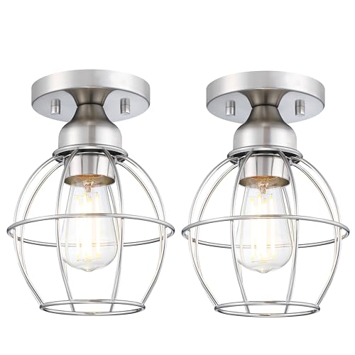 GRUENLICH Semi Flush Mount Ceiling Light Fixture for Outdoor and Indoor, E26 Medium Base 60W Max, Metal Housing and Metal Cage, Bulb not Included, 2-Pack, Nickel Finish