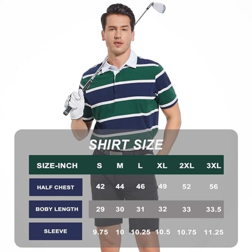 VANLYTK Mens Polo Shirts Striped Short Sleeve Cotton Casual Collared Dry Fit Golf Shirts for Men (US, Alpha, X-Large, Regular, Regular, Green & Blue Striped)