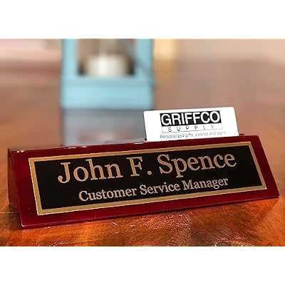 Name Plate for Desk Engraved in USA by Griffco Supply | Desk Name Plate Personalized Plaque with Business Card Holder