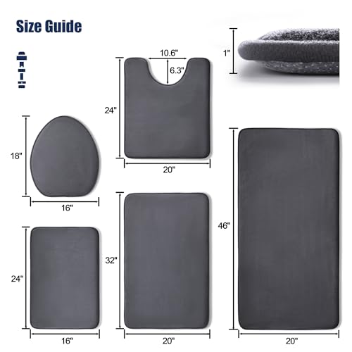 Image of YHOUSE 5 Piece Memory Foam Bath Mat Set, Super Absorbent Bath Mats - Non-Slip & Washable, Dry Quickly in Dark Grey