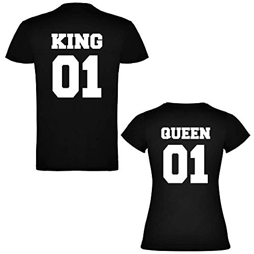 Pack de 2 Camisetas Negras para Parejas, King 01 y Queen 01 Bold Blanco (Mujer Tamaño S + Hombre Tamaño S)
