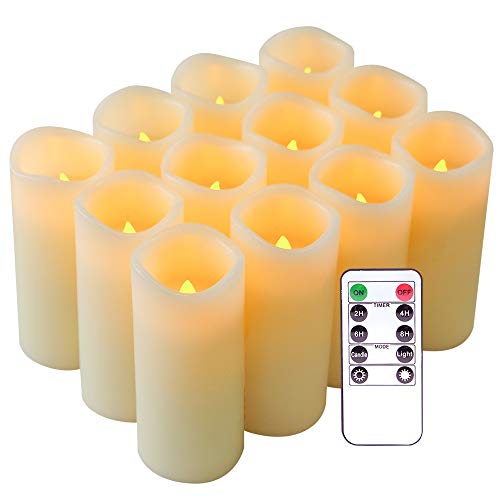 Eldnacele Flameless Candles Flickering Real Wax LED Battery Operated Candles Set of 12(D2.2 X H5) Pillar Candles Ivory Warm Light with Remote Control and Timer for Home and Wedding Decoration
