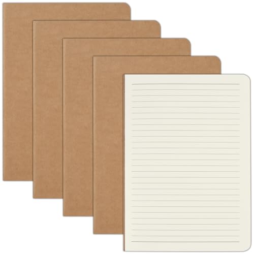 ZCZN A5 Notebook, 5 Pack Kraft Cover Lined Notebooks, 60 Pages Each, Ideal for Writing and Note-Taking