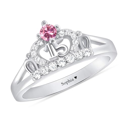 925 Sterling Silver 10K 14K 18K Gold Personalized Daughter Sweet 15 Crown Rings Engraved 15th Birthday Ring with Created Birthstone Gift for Women