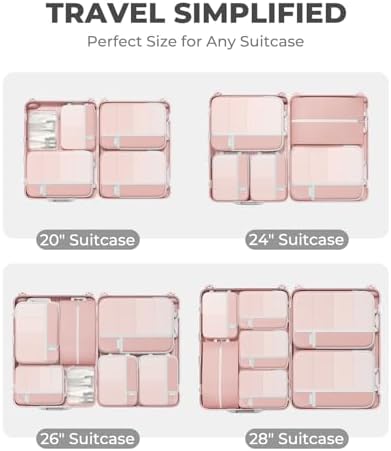 Percover Compression Packing Cubes for Travel, 8-Piece Structured Compression Organizer Set with Laundry Bag & Shoe Bag for Carry-On & Checked Luggage, Pink - 5