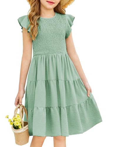 Arshiner Girls Summer Flutter Short Sleeve Sundress Smocked Elastic Waist Tiered Midi Dress with Pockets
