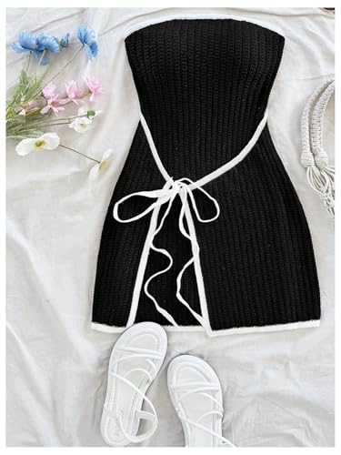 Image of MakeMeChic Women's Knitted Strapless Sweater Dress | Wrap Tie Front, Party, Mini, Tube
