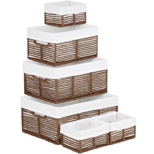 Vagusicc Wicker Storage Basket, 6 Pack Baskets for Organizing, Wicker Baskets with Handle, Rectangular Woven Basket for Storage Shelves, Cube Storage Bins for Closet/Clothes/Dresser, Brown