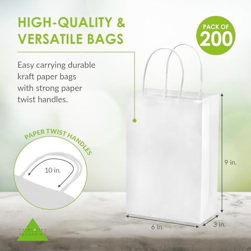 Prime Line Packaging White Paper Bags, Mini Gift Bags with Handles for Small Business, Shopping, Boutique, Merchandise, Party Favors, Bulk, 6x3x9, 200 Pack - Thumbnail 4