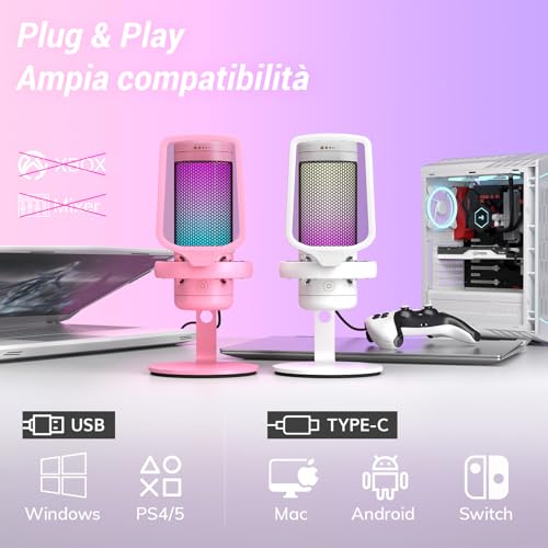 TONOR TC320 Microfono Gaming USB con RGB/Controllo Guadagno, Mute Touch per Streaming, Podcast, Registrazione, Twitch/YouTube/Discord, Microfono Condensatore per PC con Supporto Mac/PS4/PS5/NS Bianco - Immagine 5