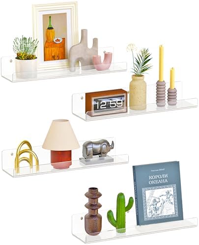 4 Pack Floating Shelves for Wall, 15" Clear Book Shelf, Acrylic F...