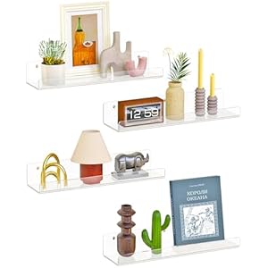 4 Pack Floating Shelves for Wall, 15″ Clear Book Shelf, Acrylic Floating Wall Shelf, Display Shelves Organizer for Bathroom, Classroom, Bedroom, Living Room, Kitchen, Room Decor