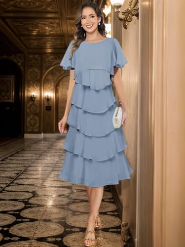 BANTRATIC Women's Tea Length Mother of The Bride Dresses for Wedding Chiffon Crew Neck Tiered Formal Prom Cocktail Gown4