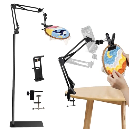 Black Adjustable Embroidery Hoops Stand for Hand Work,3-in-1 Hoop/Tablet/Phone Holder Floor Stand,Embroidery Desktop Stand，Lap Cross Stitch Frame with 360° Rotation,Hand Embroidery Stand