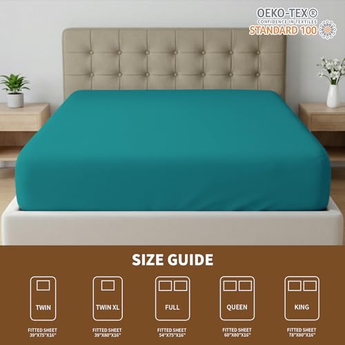 Image of HBHLFZ Full Fitted Sheet Only, Soft Breathable Bottom Sheet - 54 inchx75 inch Deep Pockets Full Size Fitted Sheet - All Around Stretch Fit, Wrinkle Resistant, Colorfast - Easy Care, Blue-Green