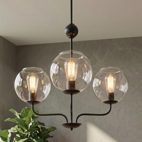 LMSOD Classic 3-Light Black Chandelier with Upward U-Shaped Arms, Modern Vintage Pendant Lighting with Clear Glass Globes, Ceiling Light Fixture for Dining Room, Living Room, Hallway by LMSOD - Used condition - US$74.44