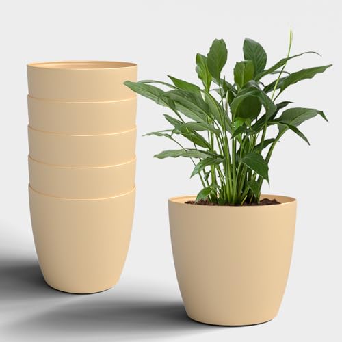 Image of YUCCABE ITALIA SHERA Stella 14 Inch Plastic Plant Pot for Home Decor Indoor Plant Pots for Living Room Plastic Flower Pot for Garden (Beige, 14 INCH - 6 Pcs)