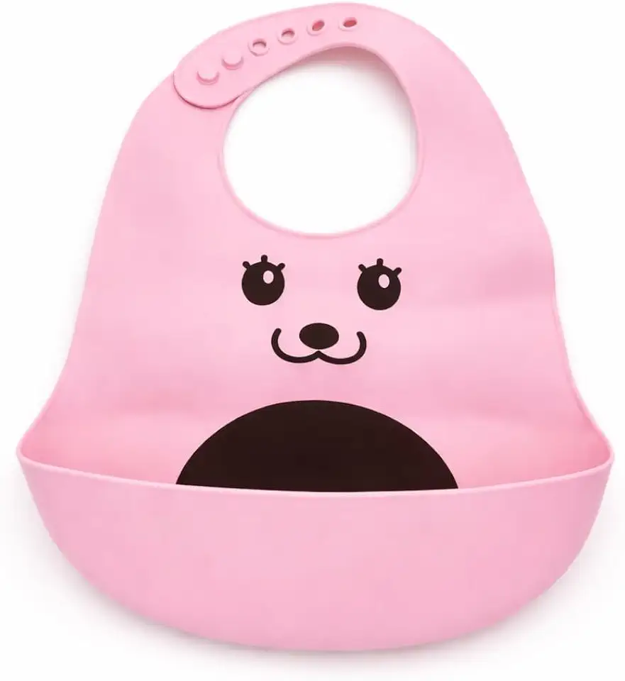 Babador de Silicone Rosa com Coletor de Alimentos Estampa de Ursinho Fecho Ajustável