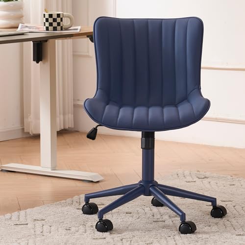 Image of YOUNIKE Office Desk Chair with Wheels Armless Vanity Chair Modern Navy Blue | Faux Leather Upholstered with Rocking Back, Swivel Height Adjustable, Small Cute Computer Rolling Task Chair Ergonomic