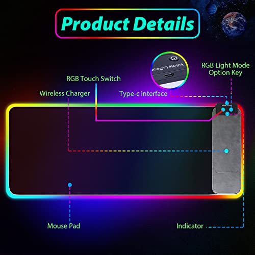 Wireless Charging Rgb Mouse Pad,Desk Mat With Stitched Edges,Large Rgb Gaming Mouse Pad With Wireless Charger,Xxl Extended Mousepad,Non-Slip Rubber Computer Keyboard Mat For Gaming/Macbook/Laptop-Grey #TOP1