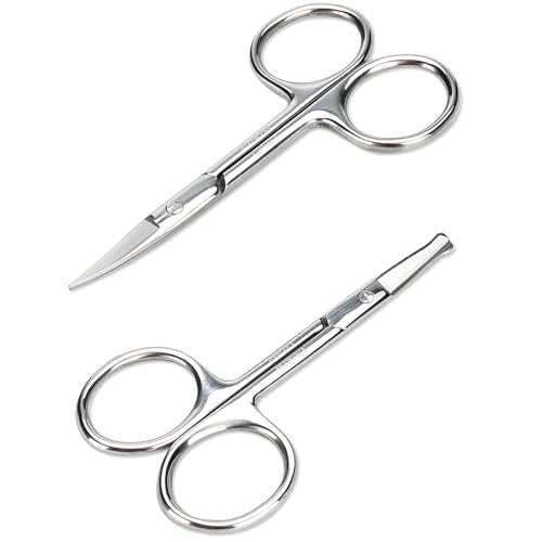 Facial Hair Small Grooming Scissors For Men Women - Eyebrow, Nose Hair, Mustache, Beard, Eyelashes, Ear Trimming Kit - Curved and Rounded Safety Tip Clippers For Hair Cutting - 2PCS Silver