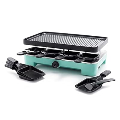 GreenLife Raclette Indoor Tabletop Grill, Healthy Ceramic Nonstick, 2-in-1 Grill and Griddle, 8 Square Nonstick Pans, Adjustable Temperature Control, Easy Indicator Light, PFAS-Free, Turquoise