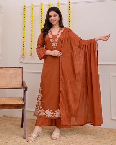 Image of ANNI Designer Pure Cotton Embroidered Kurta Set for Women | Rust Orange Kurta with Pants & Dupatta | Floral Neck & Hem Embroidery | Cotton Kurta Set for Women | 10 Colour Options Available