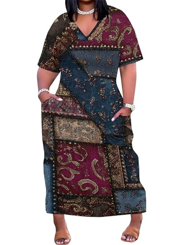 Image of SUZONANA Plus Size Denim Print Maxi Dresses for Women Casual V Neck Short Sleeve with Pockets Soft Jean Look Dress XL-6XL